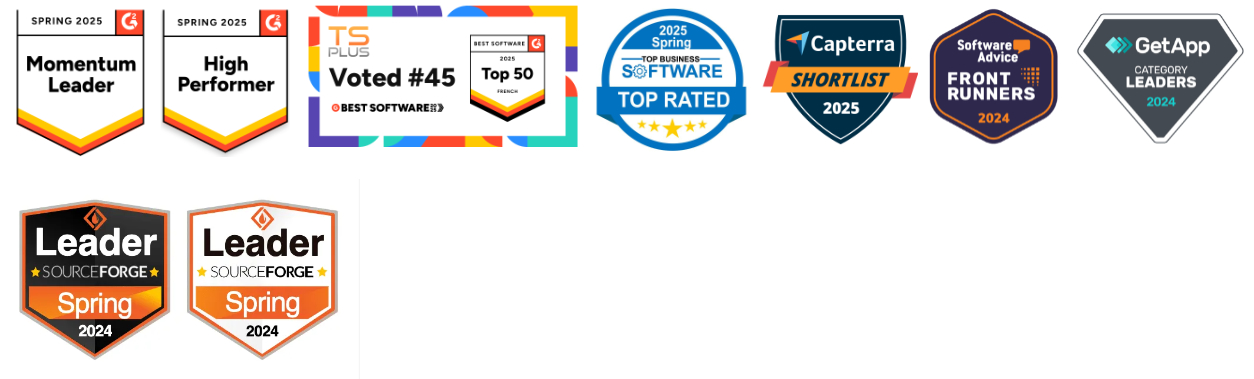 Awards TSplus : G2 Top Business Software Capterra Software Advice Get App Leader Sourceforge