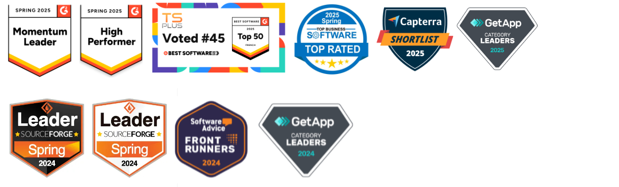 Awards TSplus : G2 Top Business Software Capterra Software Advice Get App Leader Sourceforge
