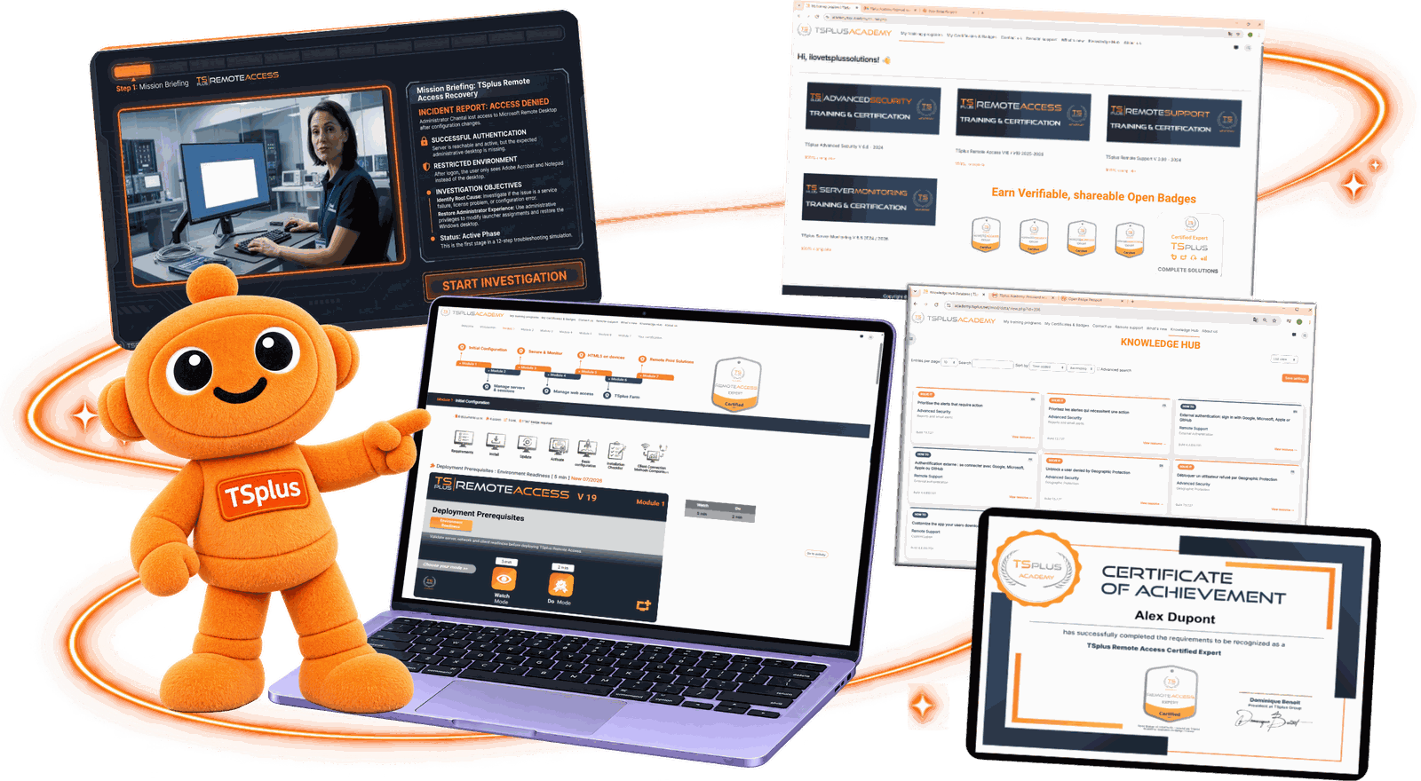 Inside TSplus Academy: guided simulation, training paths, Knowledge Hub, Open Badges and Certificate of Achievement
