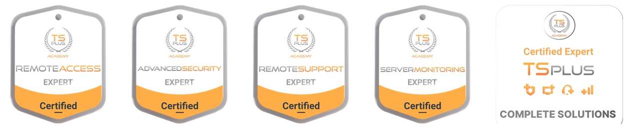 The five TSplus Academy Open Badges: Remote Access, Advanced Security, Remote Support, Server Monitoring and Complete Solutions